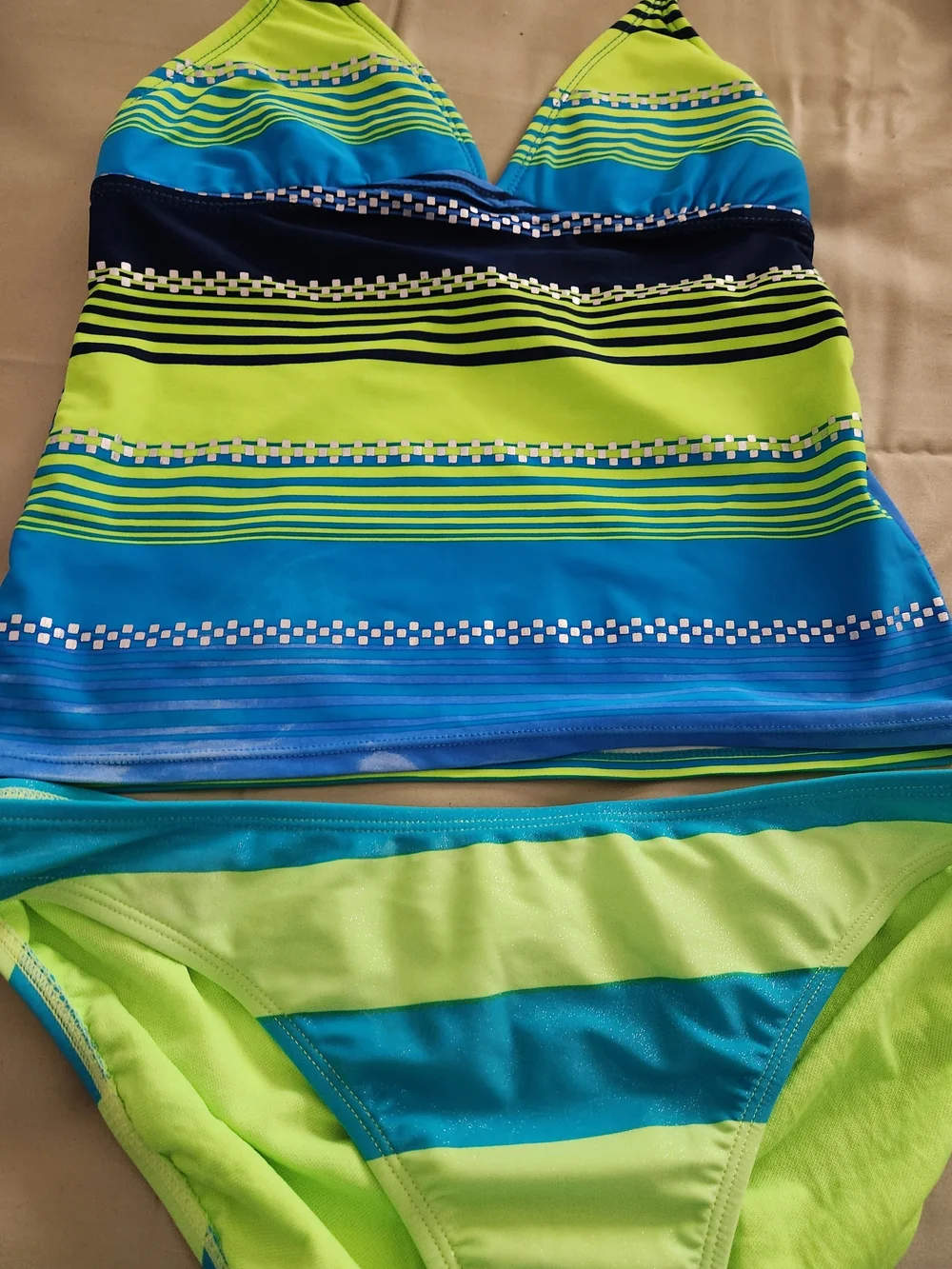 Girls/Teen/Womens Neon Green and Blue Striped Tankini One-Piece Swim Set